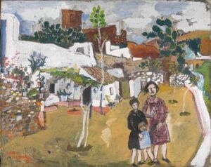  "The Children and the White Walls" by Sven Erixson, an oil painting on canvas featuring an adult woman and two children in the foreground with a backdrop of idyllic white-walled houses with orange roofs, trees with green foliage, and a clear blue sky, all rendered in a vibrant and expressive style.