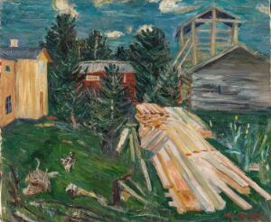  "Building a House" by Eric Hallström is an impressionistic oil painting on canvas featuring an unfinished wooden house frame in the background, with scattered wooden planks in the foreground, a yellow ochre building with an orange roof to the left, tall green pine trees, and several small figures suggestive of construction workers.
