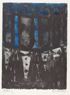  "Jubilanter," a color etching on paper by artist Ludvig Eikaas, featuring abstract vertical blue shapes on a dark background with a row of white diamond-like patterns beneath resembling bow ties, conveying a celebratory theme through an abstract composition.