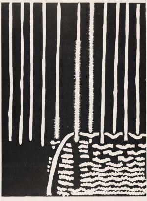  A black and whiteColor black and white woodcut print by Ludvig Eikaas for a poster advertising an exhibition of tapestries by Synnøve Anker Aurdal, featuring abstract vertical lines and wavy horizontal patterns suggestive of textile design.