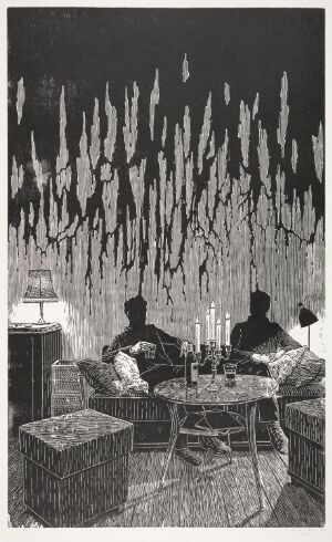  "Seinere den kvelden" by Mattias Härenstam, a black and white woodcut on paper showing two silhouetted figures seated inside a room with candles on a table and a lamp, alongside numerous stalactite-like shapes hanging from the ceiling creating a mysterious and otherworldly atmosphere.