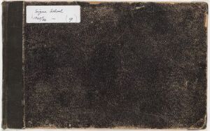  Aged sketchbook cover titled "Skissebok" by artist Signe Scheel, with worn brown texture, black spine binding, and a white label featuring the artist's name and title in handwritten text.