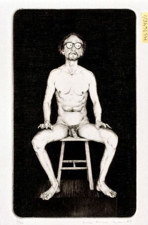  "The Raven" by Arne Bendik Sjur is a striking drypoint on paper depiction of a nude male figure seated on a simple chair facing the viewer, set against a deep black background, creating a stark contrast that highlights the white, detailed rendering of the subject's form.
