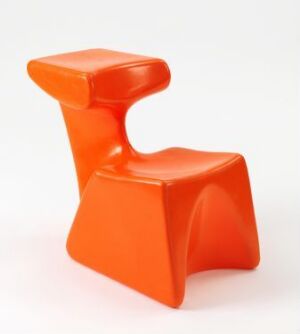  A glossy, vibrant orange modern chair with a sculptural design, featuring a curved backrest and a broad, stable base, set against a plain white background.