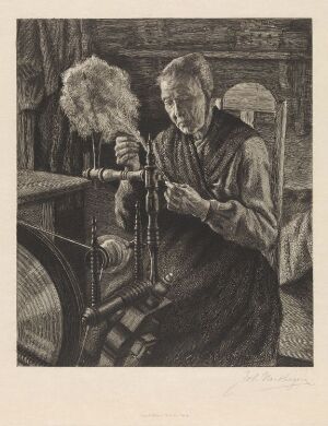  Monochrome etching titled "The Spinner" by Johan Nordhagen depicting an elderly person spinning yarn on a traditional wheel, with intricate shading highlighting the textures of the craft and the focused expression of the figure.