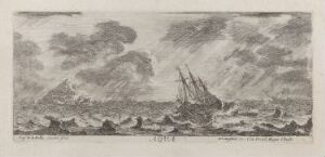  Black and white etching on paper by Stefano della Bella titled "Vannet," depicting a ship at sea amidst turbulent waves and a stormy sky, showcasing the detailed mastery of the line and tone to create a sense of movement and drama.