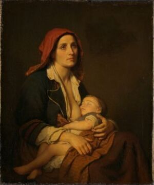  "The Widow and her Child" by Amalie Lindegren - A 19th-century oil painting on canvas depicting a seated woman in a dark green dress and terracotta red headscarf, holding a sleeping child wearing white. The background is dark with a muted lighting focused on the subjects.