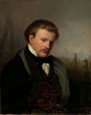  Portrait oil painting on canvas titled "Den norske maler G.A. Mordt" by Carl Henrik d'Unker, featuring a thoughtfully posed mid-19th-century gentleman with reddish blonde hair and dressed in period clothing, against a muted, atmospheric landscape background.