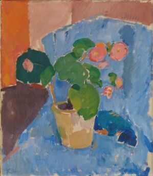  "Still Life with Begonia" by Karl Isakson, a painting depicting a potted green begonia with pink and white flowers set against a background of blocks of terracotta, blue, and purple hues, rendered in broad brushstrokes on canvas.