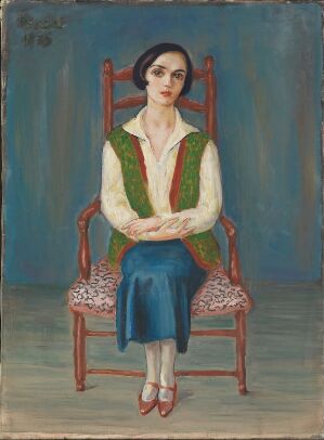  "Portrait of a Woman" by Nils von Dardel, an oil painting on canvas featuring a seated woman with dark hair in a bob cut, wearing a white blouse, a green vest with red trim, and a dark blue skirt, sitting on a patterned chair against a muted blue background.