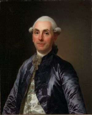  Portrait by Alexander Roslin on canvas, showing an 18th-century gentleman in a blue coat and gold-embroidered waistcoat, with a powdered wig, subtly smiling and facing three-quarters to the right against a dark, neutral background.