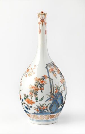  An elegant porcelain vase with a slim neck and round body, intricately hand-painted with stylized orange blossoms, leaves in shades of green and blue, and adorned with gold trimmings, on a neutral background. Artistname and title remain unknown.