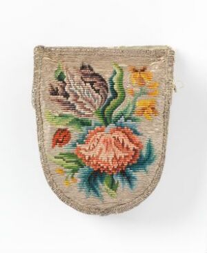  An antique-looking embroidered pouch with a floral design in soft shades of orange, salmon, green, and yellow on an off-white background. The rounded bottom pouch has fraying edges and no visible closure, suggesting it's a decorative item from a past era.