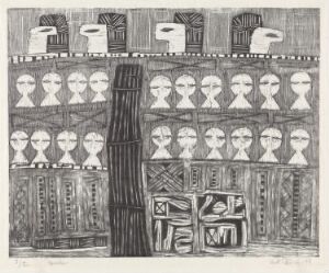  "The Masks" by Knut Rumohr, a monochromatic woodcut print showing two rows of stylized masks above a vertically split composition with abstract patterns and a central totemic figure, rendered in shades of black, white, and gray on paper.