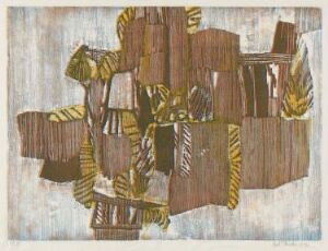  "Komposisjon" by Knut Rumohr, an abstract visual art piece featuring a color woodcut on paper with a palette of browns, beiges, grays, and touches of green, depicting structured yet organic overlapping geometrical shapes with textured surfaces.