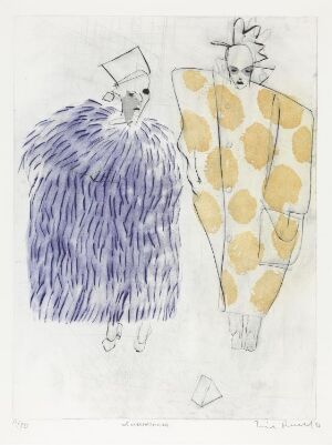  "På kunstutstilling" by Terje Resell, a fine art piece on paper using color etching and aquatint techniques, featuring two abstract figures with one cloaked in shaggy ultramarine fur and the other patterned with yellow and white spots, amid a white background with minimal sketched elements.
