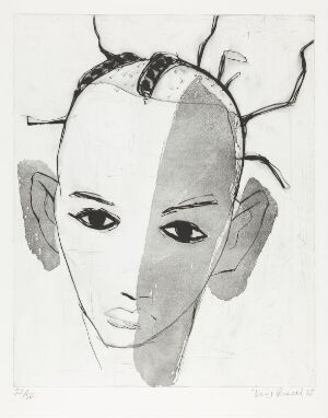  "Afrikaner" by Terje Resell, a monochromatic piece of visual art featuring a stylized face with simplified, soulful eyes, exaggerated ears, a central shadow dividing the face, and branch-like lines suggesting hair, rendered in black and white using drypoint, soft-ground etching, and aquatint techniques on paper.