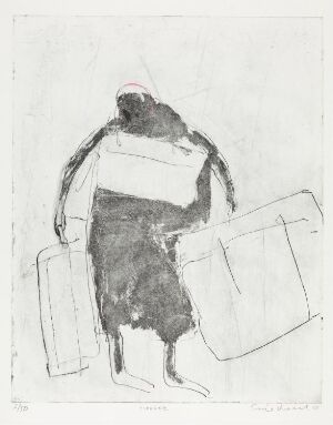  "Tingene" by Terje Resell, a monochromatic etching depicting an abstract figure from behind, carrying two large, rectangular outlines resembling bags, rendered in expressive black and grey strokes on white paper.