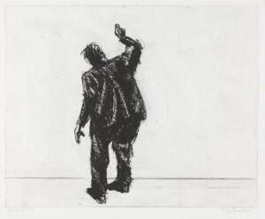  A black-and-white artwork titled "Graffiti" by Terje Resell, depicting an abstract figure seemingly in the act of spray-painting, rendered in bold etchings on white paper.