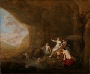  "Diana and Actaeon" is an oil painting on wood by Abraham van Cuylenborch featuring the classical mythological scene of Diana being surprised by Actaeon in a cave as she bathes. Diana is at the center with two nymphs, surrounded by the contrasting dark cave interior and a soft light entering from the left, highlighted with rich tones of red fabric and the figures' dynamic expressions.