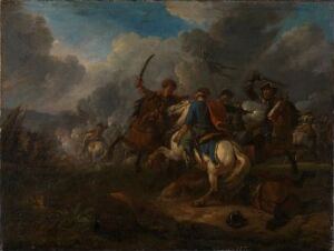 
 An oil painting on canvas by Pieter van Bloemen depicting a dramatic historical scene with a central mounted figure in blue leading others, amidst a stormy sky and earthy terrain.