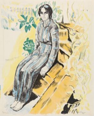  "Gudrun," a color lithograph on paper by artist Henrik Sørensen, depicting a woman with long, wavy hair seated on a wooden bench with foliage in the background. The colors range from soft blues and grays in her clothing to greens in the leaves and golden yellows in her hair.