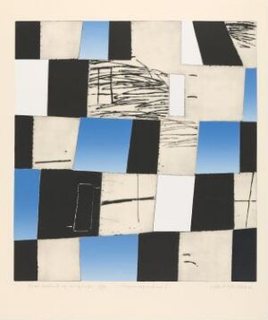  "Clouds and Moon I" by Sidsel Westbø, an abstract fine art print featuring a collage of irregularly placed rectangles in black, white, and shades of blue, with some blocks displaying textured lines and patterns on a cream-colored paper.