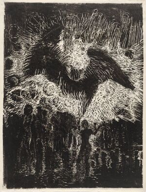  "Angel of Fate" by Frans Widerberg, a woodcut print on paper, displaying an angel with swirling dynamic wings dominating the upper portion of the artwork, a deep contrast of black and white creating texture and movement, and two distinct figures at the lower part, all rendered in a monochromatic palette.