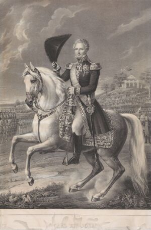  "Karl XIV Johan," a lithograph on paper by Fredric Westin, depicting a military figure in 19th-century attire on horseback, holding a plumed hat, with a classical building backdrop in grayscale.