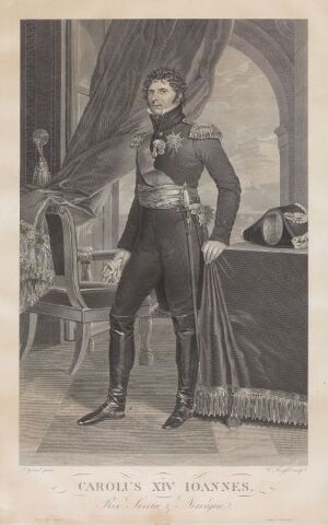  Monochrome copperplate print on paper by Christian Forssell, depicting Karl XIV Johan in military attire standing with right hand tucked into coat and left hand on sword hilt, against a backdrop of a draped curtain and a hint of classical furniture.