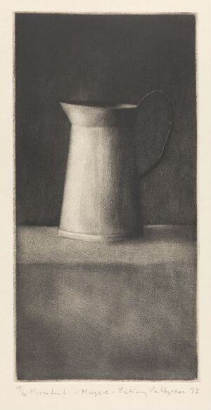  Mezzotint on paper titled "Jug" by Erling Valtyrson, showcasing a monochromatic grey jug with soft shadows and highlights against a minimalistic background, displaying the artist's adept handling of the mezzotint technique.