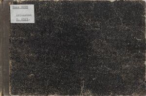  "Skissebok nr. 8", a weathered dark grey sketchbook with a white label displaying the title and artist name Hans Gude, showing signs of wear with lighter grey speckles and scuffs.