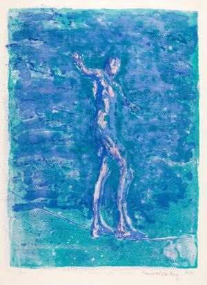  "Messenger" by Frans Widerberg is a color lithograph on paper featuring an abstract figure with outstretched arms set against a textured background of varying shades of blue, conveying a sense of depth and ethereal mystery.