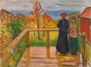  "Autumn Conversation" by Edvard Munch, an oil painting portraying two figures in black clothing standing on a wooden deck amidst a vivid autumn landscape with expressive color palette, emphasising shades of orange, red, and