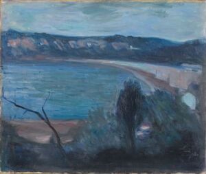  "Moonlight by the Mediterranean" by Edvard Munch, an impressionistic painting on canvas showcasing a nighttime Mediterranean seascape with muted shades of blue and indigo for the sea, darker blues and greys for the sky, and the silhouette of spiky vegetation in the foreground, with a serene yet melancholic atmosphere.