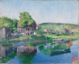  "Oil on canvas painting by Harriet Backer depicting a peaceful riverside scene with houses and lush greenery reflected in the calm water, highlighted by a soft, pastel blue sky."