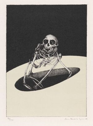  "Fra mørke til mørke" by Arne Bendik Sjur, a lithograph on paper depicting a human skeleton reclining gracefully on a cream-colored surface against a stark, black background.