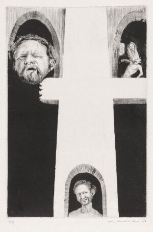  "De to røverne" by Arne Bendik Sjur, a fine art drypoint print on paper showcasing a large cross dividing the canvas into four sections, with portraits of a bearded man,