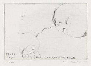  "Bilde av Benjamin IV," a minimalist drypoint print on paper by Arne Bendik Sjur with sparse black lines sketching the abstracted profile of a small child against a warm white background, featuring handwritten notations by the artist.