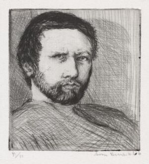  "Skeptikeren," a black and white drypoint portrait on paper by Arne Bendik Sjur, depicting a contemplative bearded man with an intense gaze, rendered with rich textural lines against a cross-hatched background.