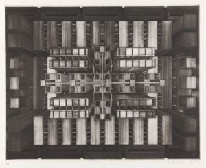  "En hyllest til våre vidsynte politikere - kapitalen - og planleggere" by Arne Bendik Sjur, a symmetrical black and white drypoint engraving resembling a complex, geometric architectural blueprint with a central mirrored structure bordered by patterns of buildings in varying shades of gray, alluding to urban planning.