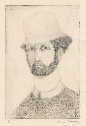  "Selvportrett med hatt" (Self-Portrait with Hat) by Arne Bendik Sjur, is a drypoint print showing a contemplative man in a brimmed hat with detailed facial hair, rendered in fine, textured lines on paper.