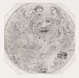  "Strindberg i New York" by Arne Bendik Sjur is a detailed grayscale drypoint print on paper featuring a large central face surrounded by a myriad of other, smaller faces and figures within a circular, dream-like composition, suggesting a bustling yet spectral crowd or a collage of city life.