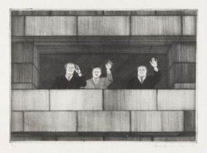  "Vinkes det tilbake? I" by Arne Bendik Sjur, a drypoint print on paper showing an architectural building façade with a repetitive, rectilinear pattern and four figures gesturing from an open space resembling a large window or balcony, all rendered in a grayscale palette.