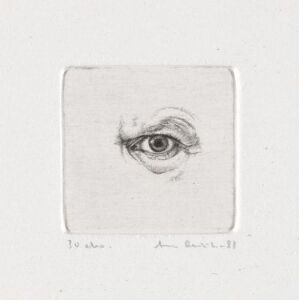 
 "Venstre øye" by Arne Bendik Sjur, a fine art print featuring a detailed black and white etching of a human left eye, centered within a square border on a light gray paper background.