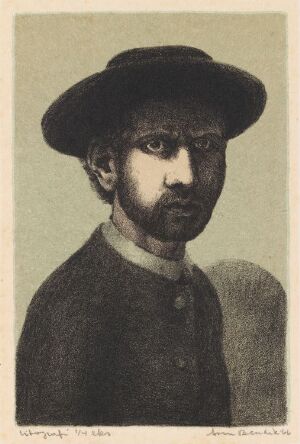  "Mann med hatt" by Arne Bendik Sjur, a fine art color lithograph portrait on paper depicting a bearded man in a wide-brimmed hat with a contemplative expression, primarily in earthy tones of grays, browns, and beige.