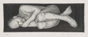  "Liggende mann - lytter - II" by Arne Bendik Sjur, showing a detailed monochromatic drypoint of a male figure lying on his side, with bent legs, folded arms, and closed eyes, set against a dark background, created using drypoint technique on paper.