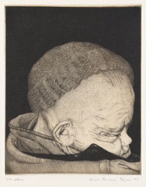 "Sleeping Man III" by Arne Bendik Sjur is a drypoint print on paper depicting a detailed close-up of an elderly man sleeping peacefully, with his head filling most of the composition, rendered in monochromatic shades of black, gray, and white.