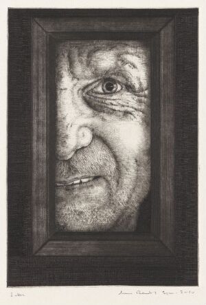  "Lille bror og søster I" by Arne Bendik Sjur, a fine art print depicting a detailed and expressive partial profile of an aged face, framed within an etching to emphasize the textured lines and wrinkles, rendered in a monochromatic palette of black, white, and gray.