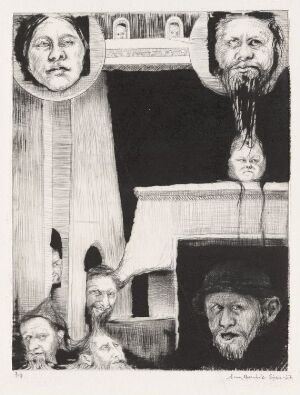  "Om meg sjøl" by Arne Bendik Sjur is a drypoint print on paper featuring a monochromatic collection of variously sized and detailed portraits of people with a range of expressions. The image is rendered in black, white, and gray tones, depicting depth and texture with a sense of narrative and introspection.